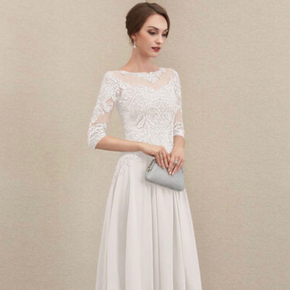 Tea length lace and chiffon wedding dress